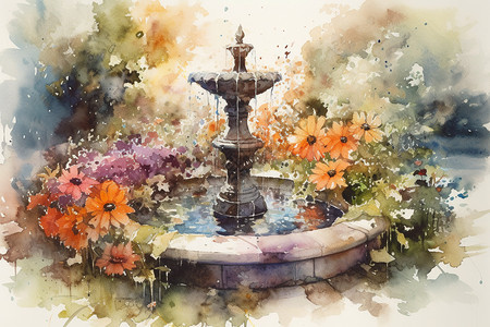 太阳能花园喷泉的水彩画图片
