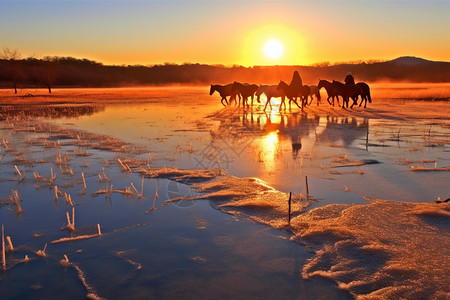 湿地上的马群图片