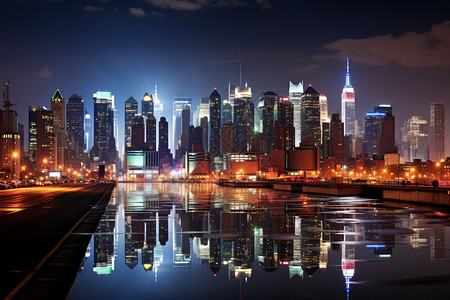 纽约市曼哈顿灯火通明的曼哈顿背景