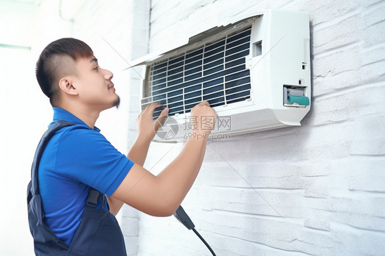 在维修空调的工人图片