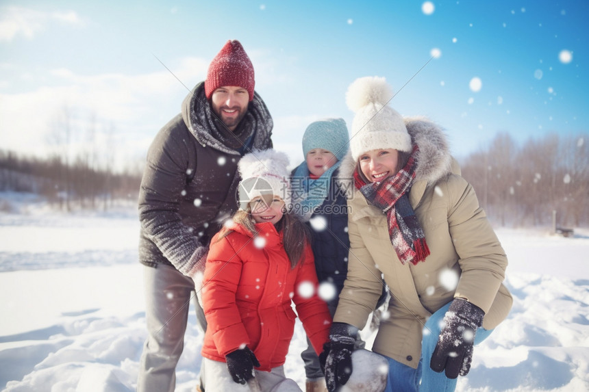 在室外玩雪的一家人图片