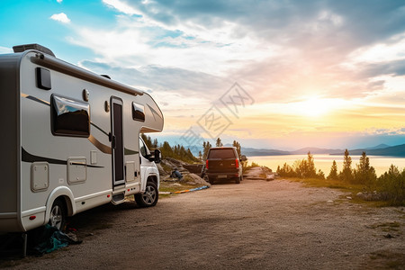 日落时露营的度假房车图片