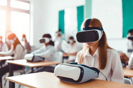 通过VR虚拟技术学习的学生图片