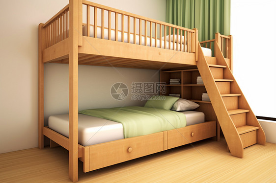 木色双层床的图图片