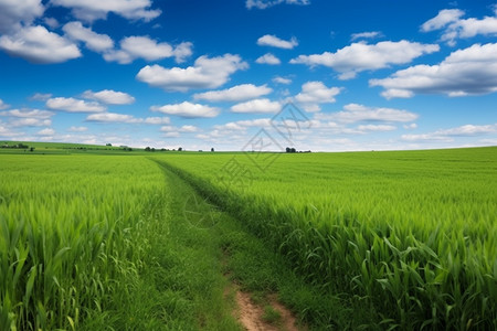 蓝天白云下的小麦田背景图片