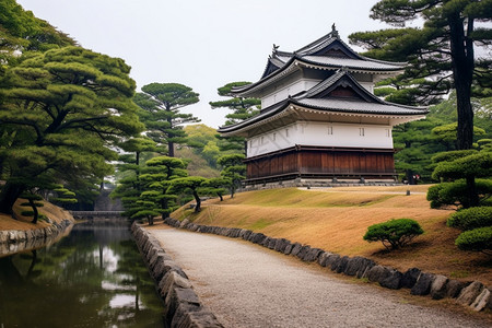 山上寺庙城市公园中的历史地标建筑背景