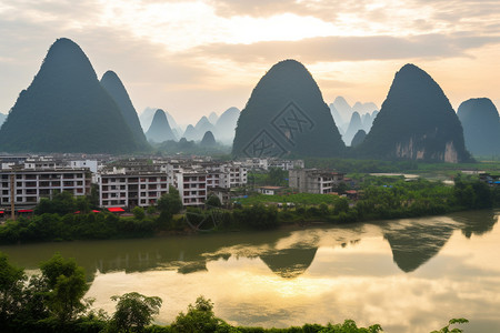 依山傍水的住宅区背景图片