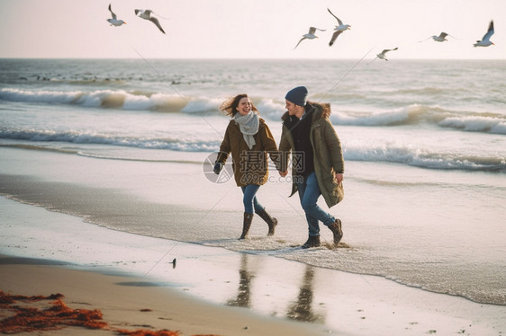 沙滩游玩散步的情侣图片