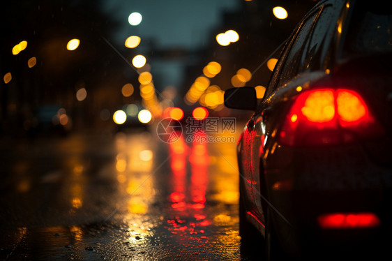 下雨天行驶着的汽车图片