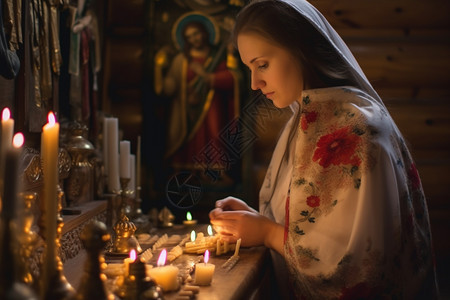 点蜡烛祈祷的外国女子图片