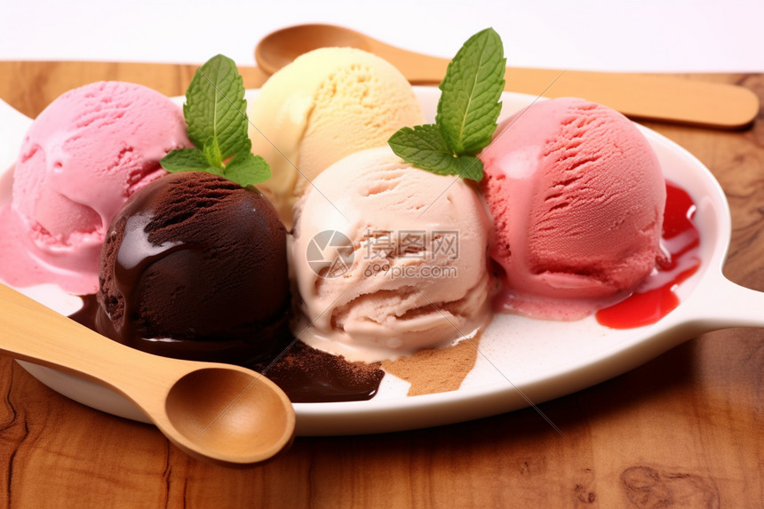 餐盘中的冰淇淋球图片