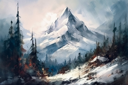 冬季的雪山景观水彩插画图片