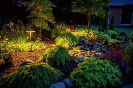 夜晚的庭院花园图片