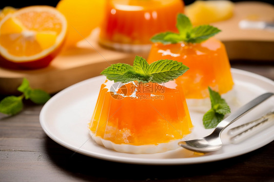 盘子中的橘子果冻图片