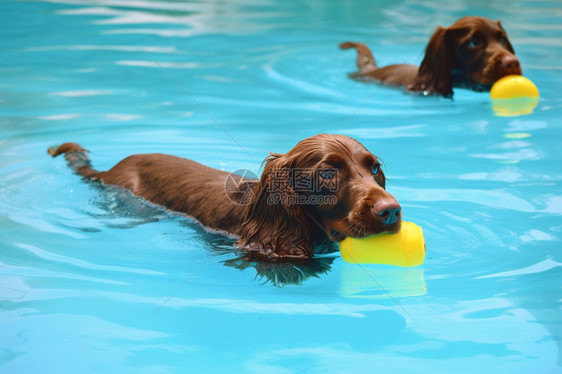 户外泳池中的宠物狗图片