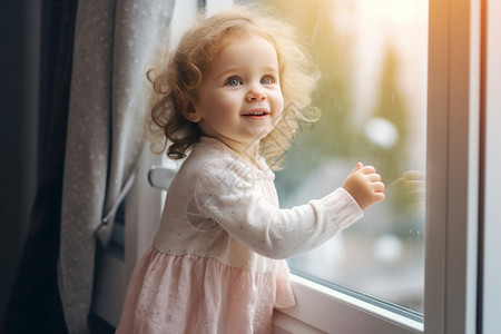 窗边可爱的小女孩图片