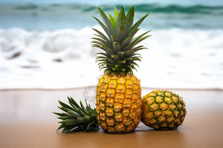沙滩上美味的菠萝图片