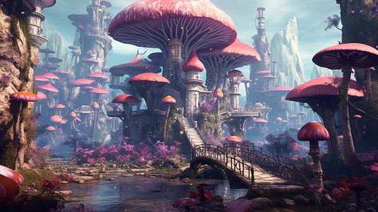 幻想的蘑菇童话城堡插图图片