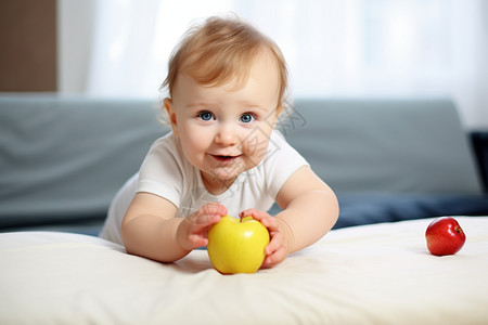 小婴儿手拿苹果图片