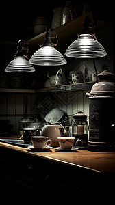 灯光照明的厨房场景图片