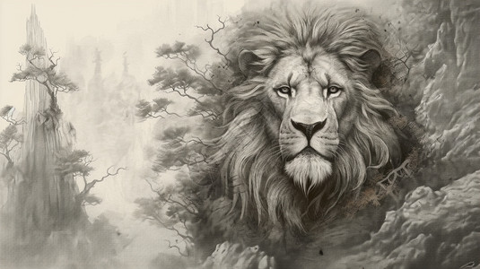手绘野生狮子创意插图图片