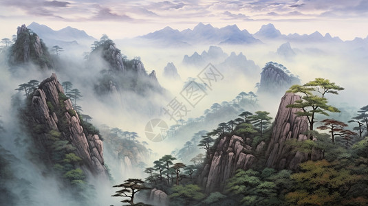 黄山风景的水墨画图片