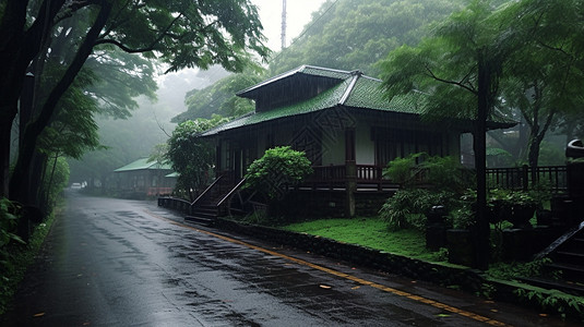 森林中烟雨蒙蒙的建筑景观图片