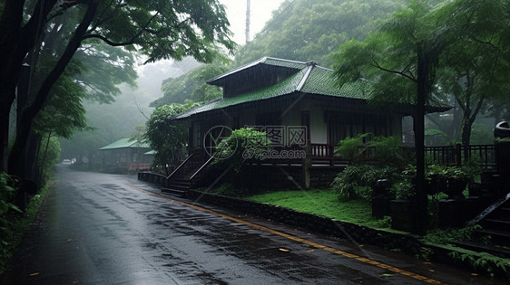 森林中烟雨蒙蒙的建筑景观图片