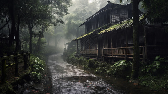 森林中的木屋景观图片