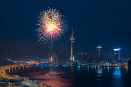 城市夜晚天空烟花远景图片