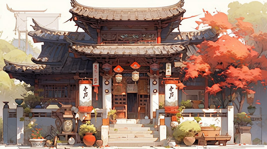 中国古代建筑的艺术插图背景图片