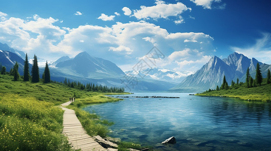 夏天塞里木湖的艺术插图图片