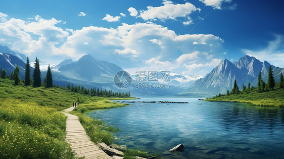 夏天塞里木湖的艺术插图图片