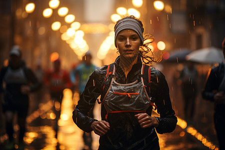 大雨中城市的马拉松跑步图片