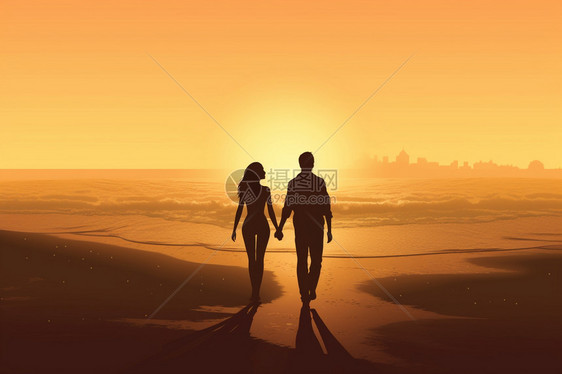 情侣沙滩散步的艺术插图图片