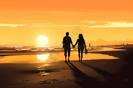黄昏时分沙滩上的情侣插图图片