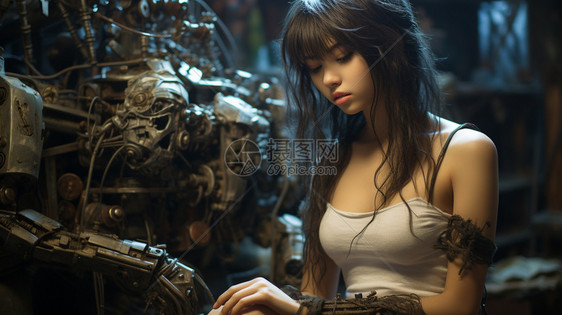 正在修复铠甲的机械女孩图片