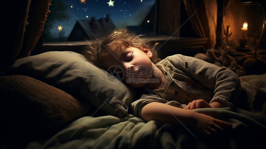 夜晚床上熟睡的小女孩图片