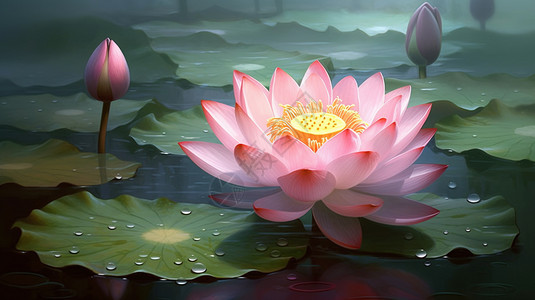 粉色创意北京池塘中的美丽莲花插画