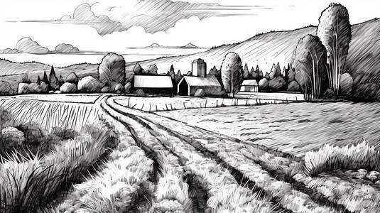 农场的黑白绘画图片