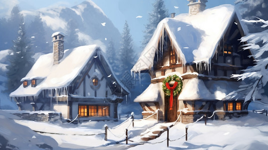 白雪皑皑的森林房屋卡通插图图片