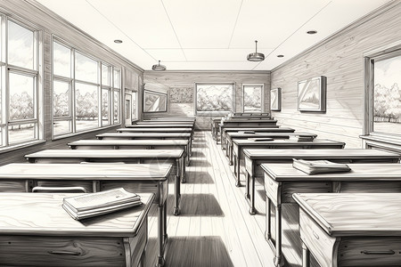黑白铅笔手绘教室图片