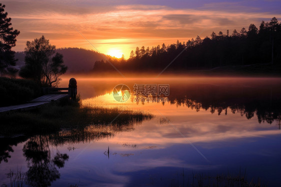 日落余晖洒落在湖面图片