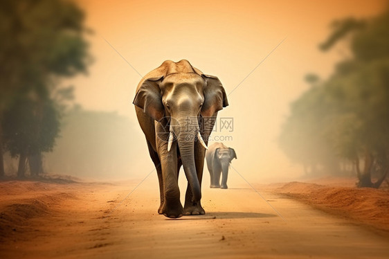 大象走在路上图片