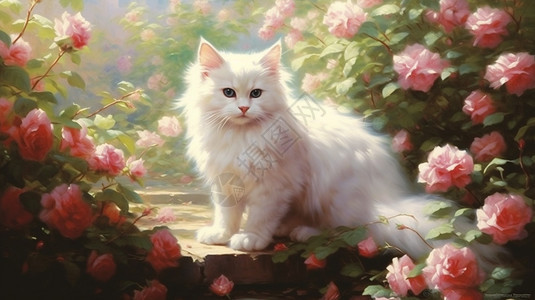 玫瑰花园里的猫咪背景图片