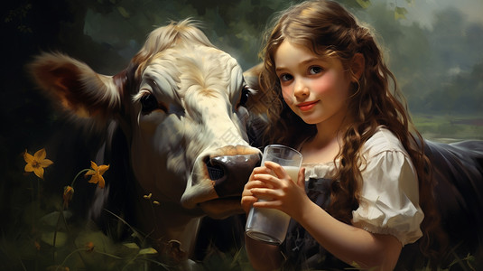牛头旁的小女孩背景图片