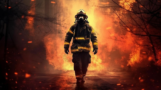 一名消防员在火中行走图片