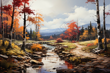 秋季的森林油画图片