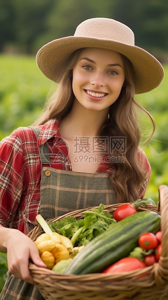 女孩篮子里新鲜的蔬菜图片