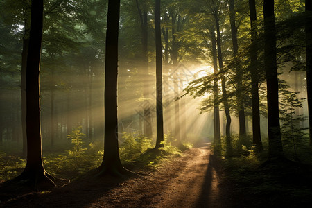 阳光的光线射进森林图片